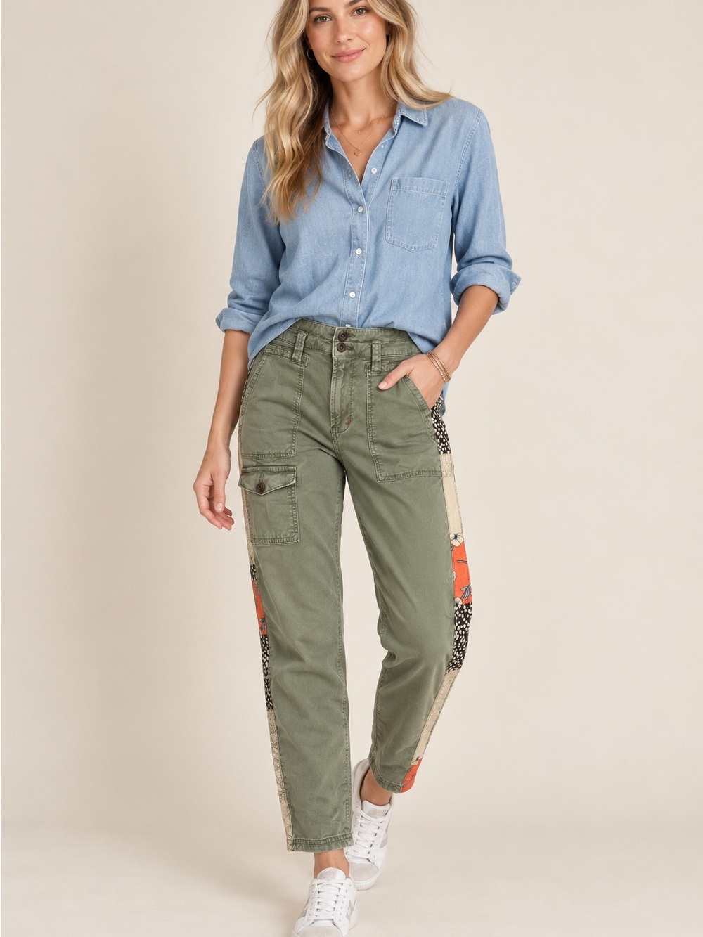 Anthropologie The Wanderer Olive Patchwork Side Stripe Cargo Pants, Size 28